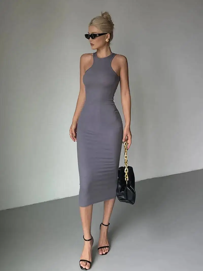 Sukienka WOMENGAGA z okrągłym dekoltem, bez rękawów, z odkrytymi plecami, damska, letnia, nowa, z wysokim stanem, dopasowana, o średniej długości, słodka, UL75