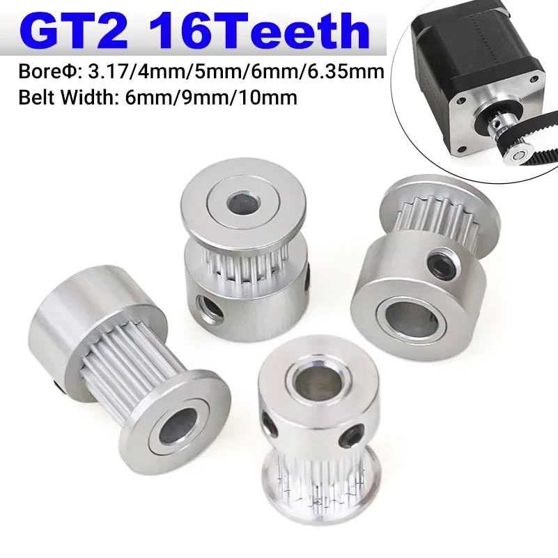 2 Pcs GT2 16 Teeth Aluminum Timing Belt Pulley Bore 3 17mm 4mm 5mm 6mm 6 35mm Belt Width 6mm 9mm 10mm for 3D Printer Parts