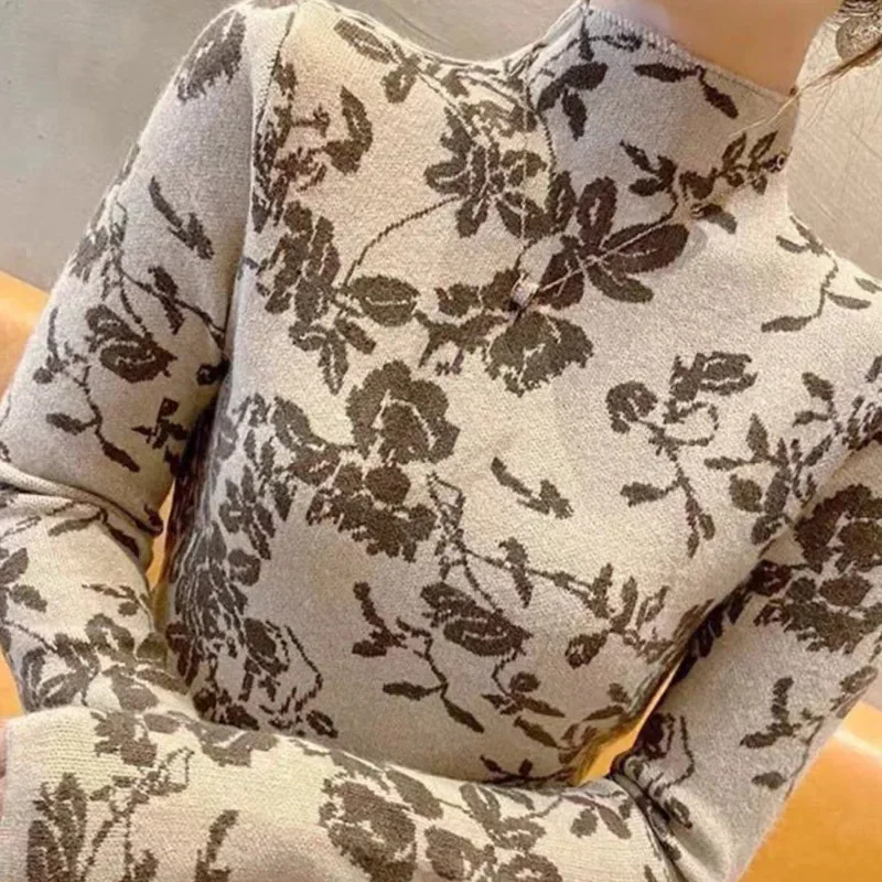 Women Clothing Fashion All-match Slim Westernization Floral Pullovers Daily Casual Elastic Knitted Chic Sweater Lady Wool Tops