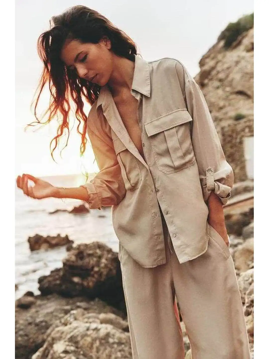 Summer Style Shirt with Pleated Wide Leg Pants Elastic Waist Roll up Sleeve Fashionable Two Piece Set Women's Linen Long Slee...