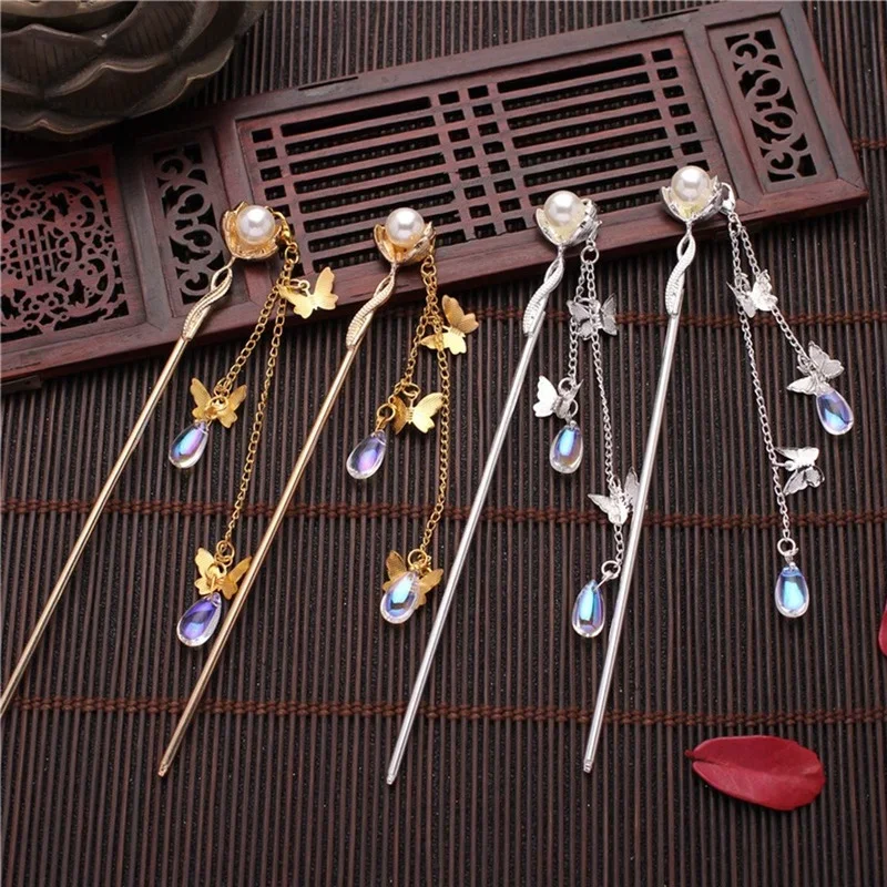 Fashion Classic Pearl Tassel Butterfly Hair Stick Direct Plate Hairpin White Bridal Headdress Hair Fork Jewelry Ornaments