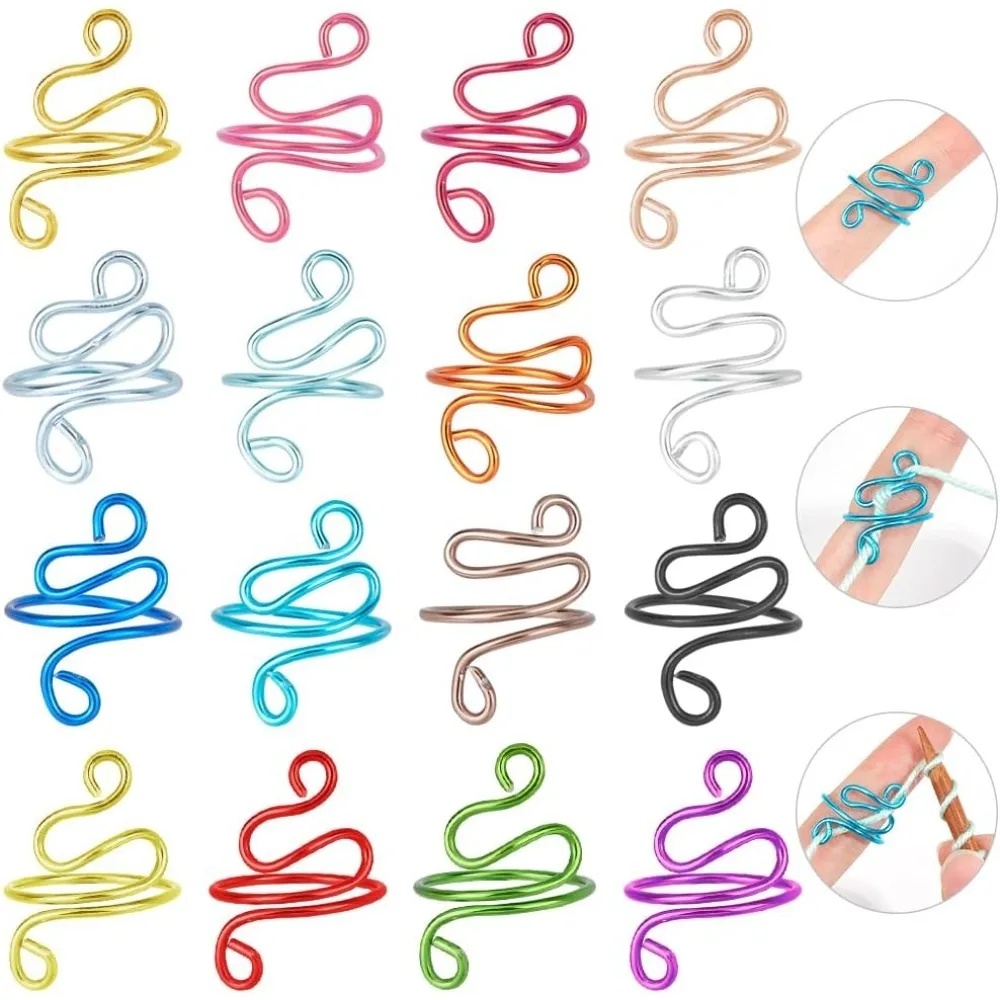 Anel de crochê feito à mão, 16 peças, lefties, fio, controle de tensão, crochê, anel ajustável para crochê, tricô