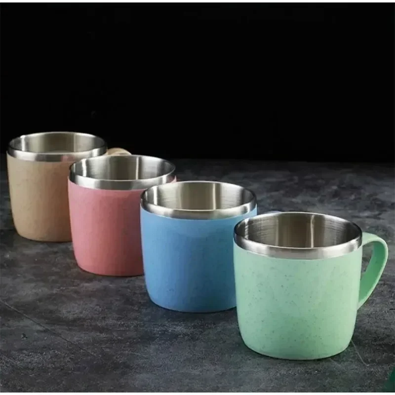 Hot Stainless Steel Cups With Handle, Double Layer Anti-scalding Wheat Straw Small Water Cup, Office Coffee Milk Tea Drink Mugs