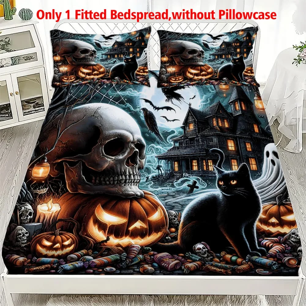 1pc Skull & Pumpkin Haunted Print Fitted Sheet Deep Pocket Elastic Mattress Cover Single Double Queen King Bedroom Decor