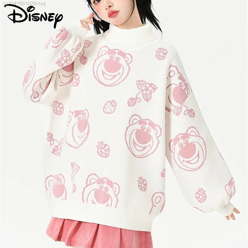 Disney Pooh Bear Cartoon Women's Turtleneck Sweater Kawaii Campus Stylish Loose Pullover Fall Winter Fashion Knit Top Female Yk2