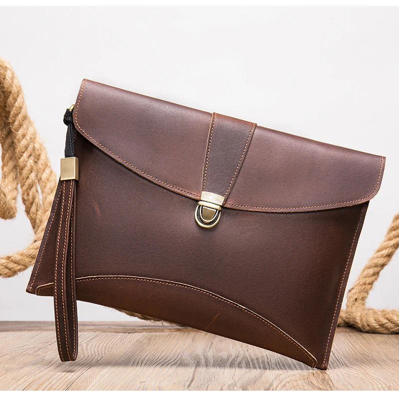 

Men Hand Bag Genuine Leather Document bag for men male leather clutch bag for phone mini ipad envelope bag with wristband Wallet