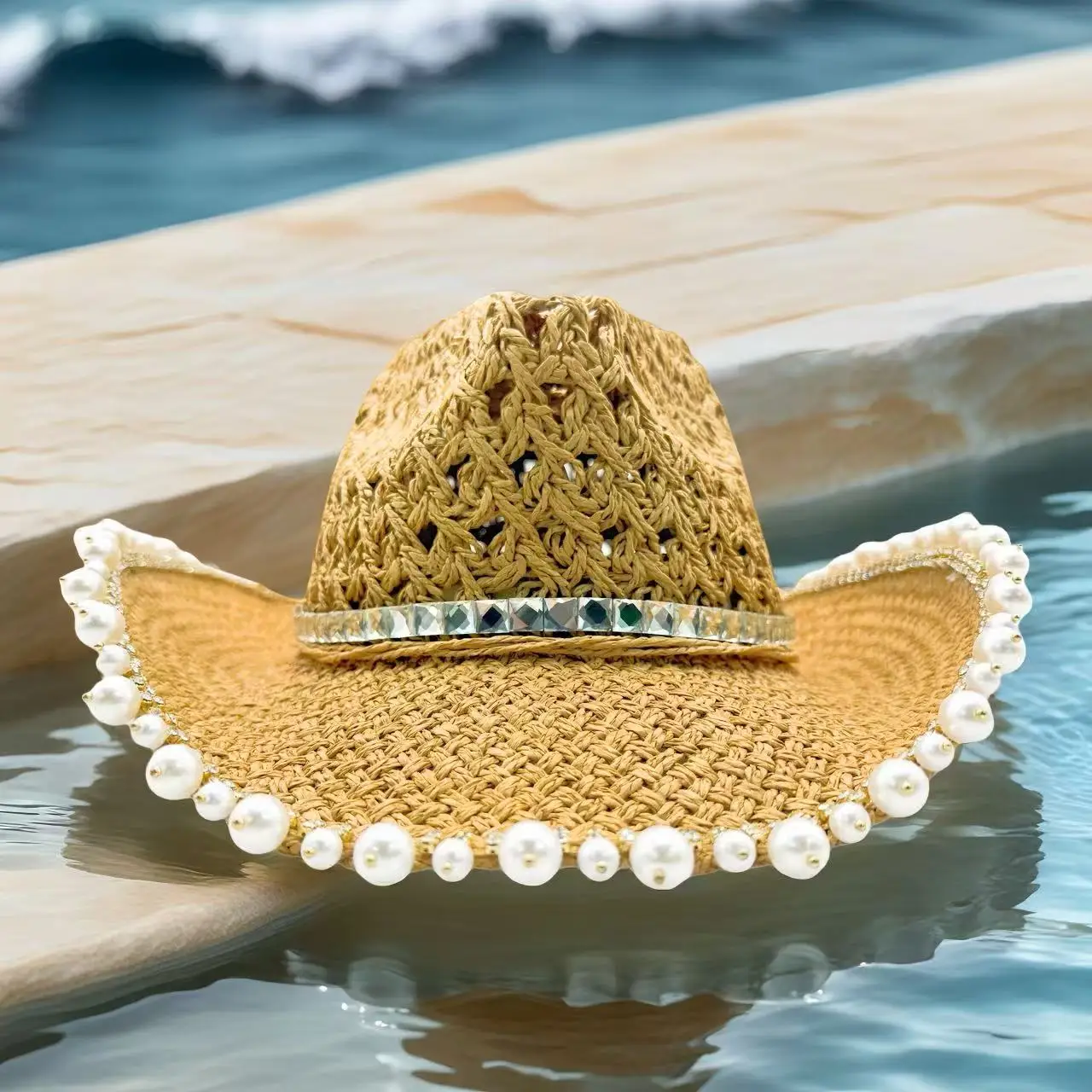 

Соломенная шляпа с кристаллами в ковбойском стиле для женщин и мужчин, винтажная пляжная шляпа для вечеринок, летних фестивалей, кантри-музыки, головной убор