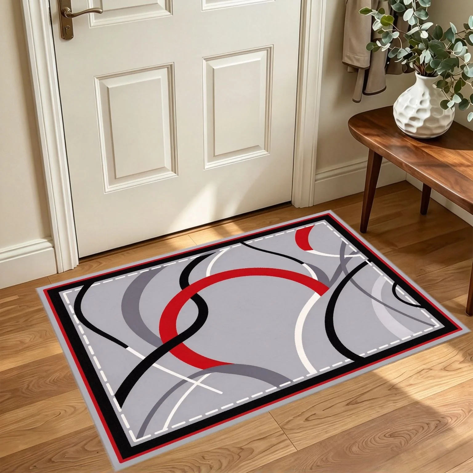 Modern Abstract Curved Entry Rug Grey Red Black Print Washable Indoor Floor Mat For Hallway Entrance Home Interior Decoration