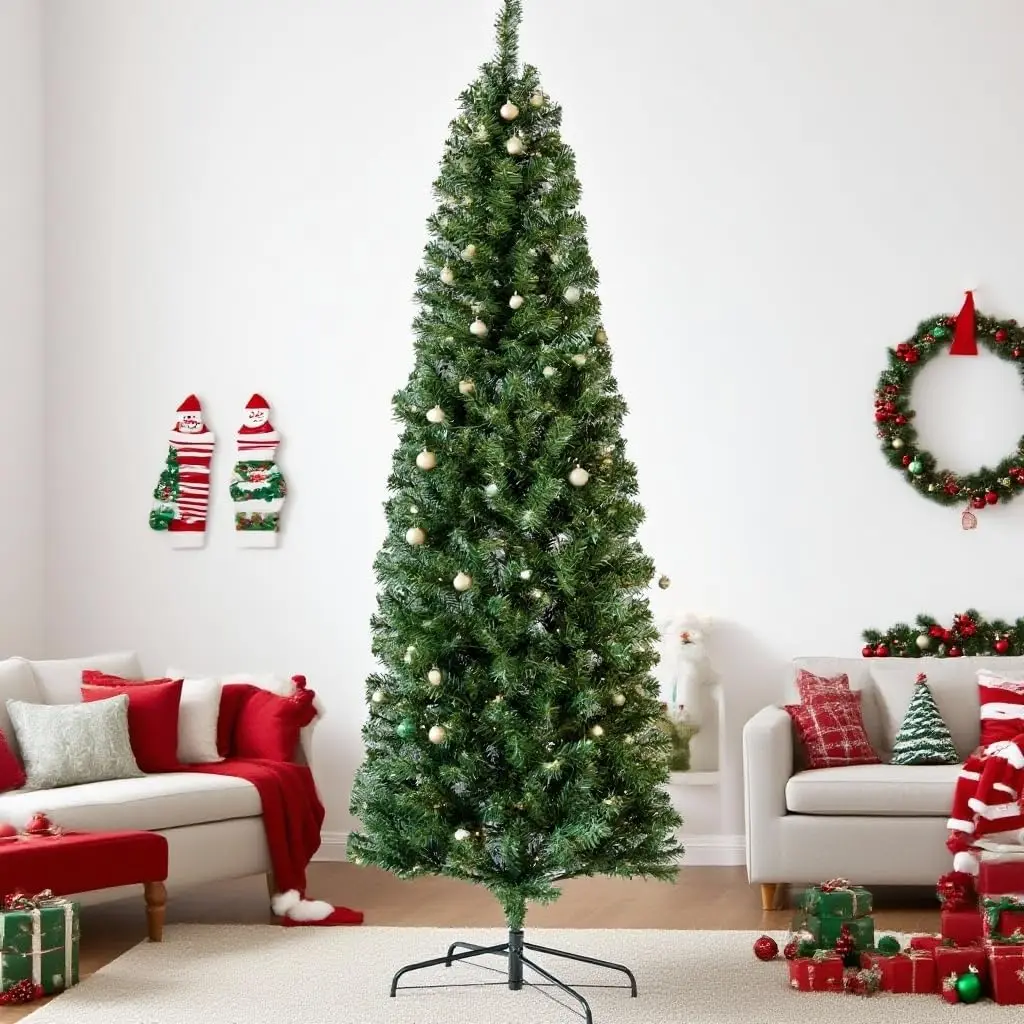 6.5Ft Pre-Lit Skinny Christmas Tree, Partially Flocked Frosted Pencil Tree with 250 Warm Lights, Durable PVC Tips & Foldable Stand – Realistic Holiday Decor for Home, Office