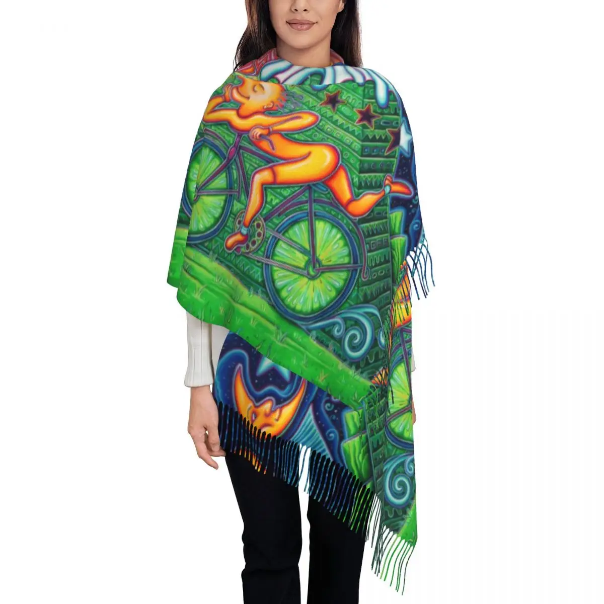 

Bicycle Day Acid 1943 Vintage Scarf Wrap Women Long Winter Fall Warm Tassel Shawl Unisex Albert Hofmann LSD Scarves
