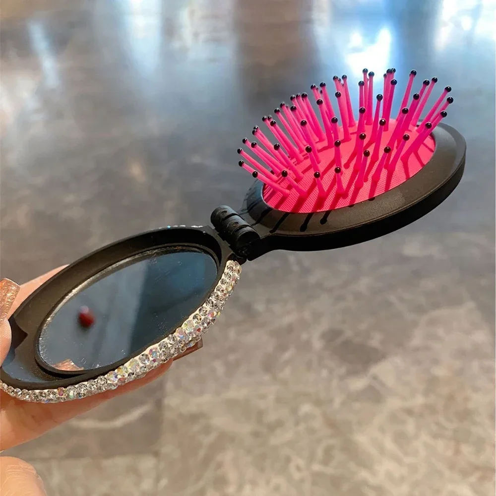 Mini Portable Folding Comb Mirror Sparkling Diamond Air Cushion Bling Rhinestone Cosmetic Travel Pocket Hair Brush Makeup Tool