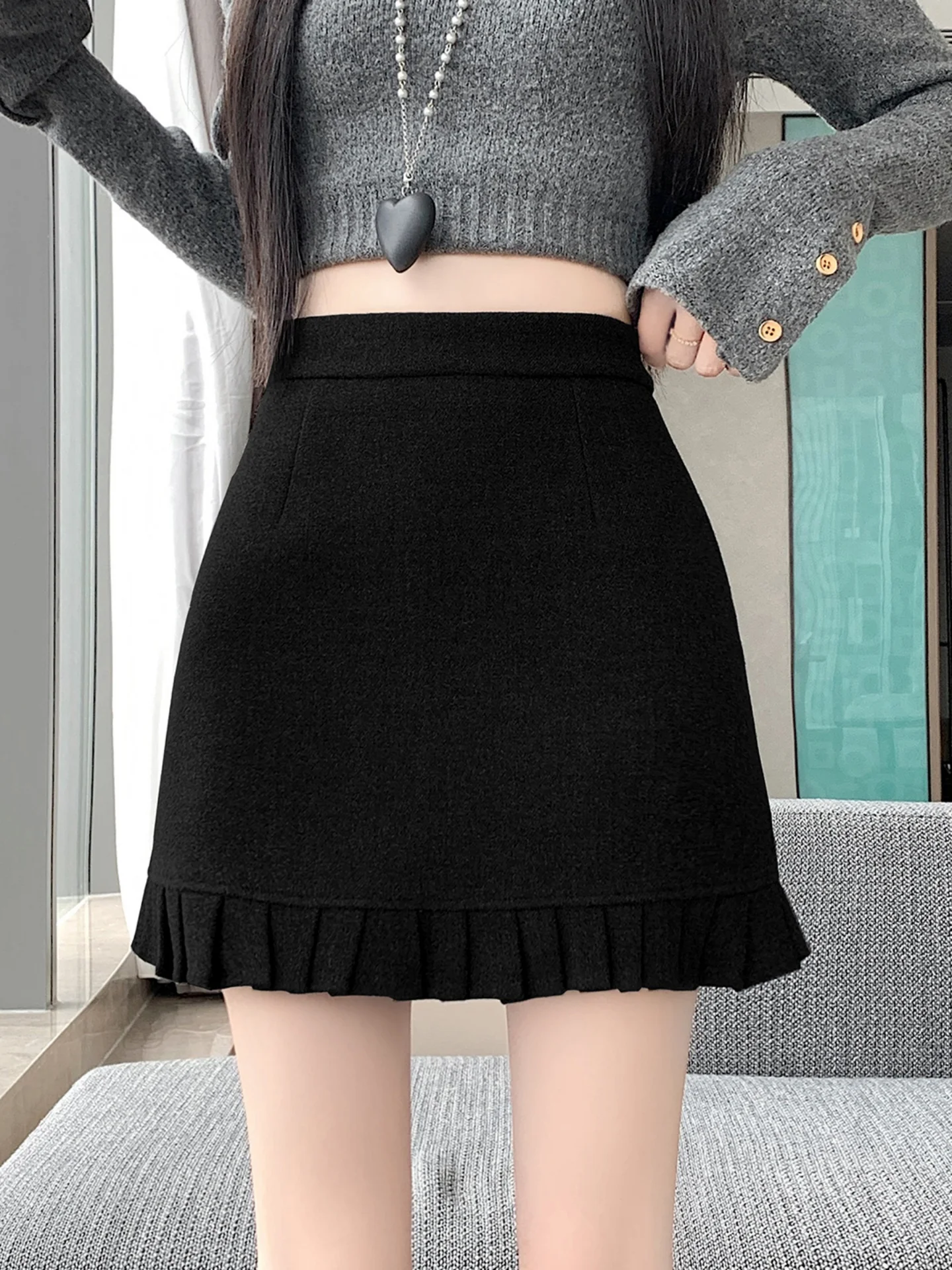 High Waist A-Line  Skirt Women's Grey Lace Woolen Skirt Slimming Korean Style City Commute Casual Fashion Skirt