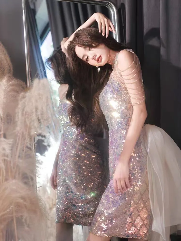 Shiny Sequin Mermaid Birthday Party Gowns Hanging Neck Off Shoulder Beading Tassels Sleeveless Tulle Bow Court Formal Vestidos