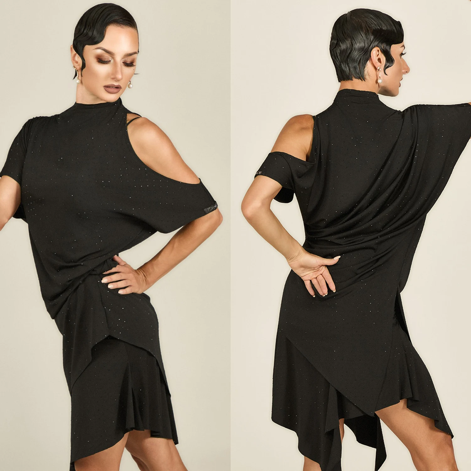 Design Sense Latin Dans Kleding Vrouwen Zwart Onregelmatige Strass Tops Rumba Dansvoorstelling Praktijk Kleding Volwassen DNV25464