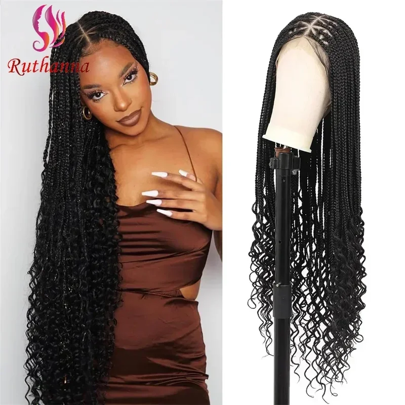 Box 36 Inch Full Lace Braided Wigs Synthetic 3x Twist Braids Wig For Women Tail Curl Transparent Lace Baby Hair Fashion Wig