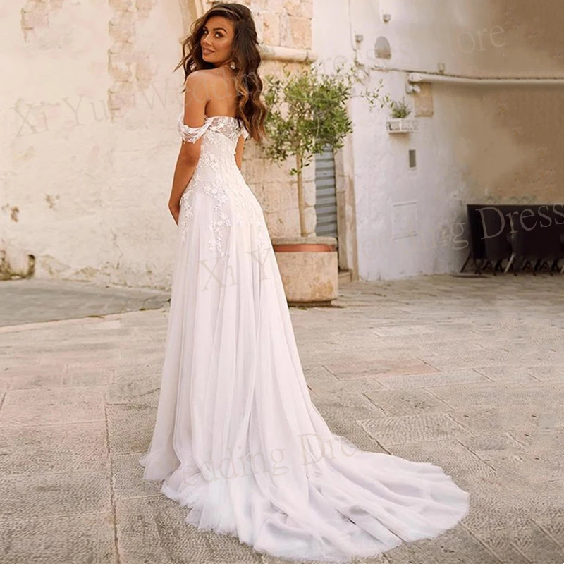 2024 Popular Fashion A Line Women's Wedding Dresses Sexy Off The Shoulder Lace Appliques Bride Gowns Sleeveless Backless שמלות ע