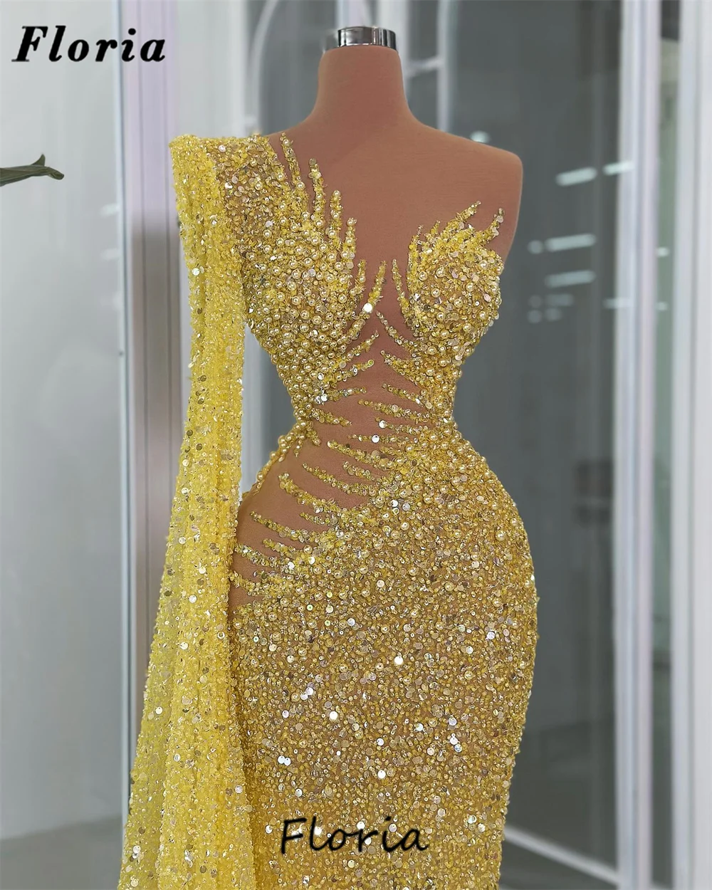 

New Elegant Yellow Evening Dresses With Cape Sleeves Customized Sequins Beaded Wedding Party Dress Robes De Soiree Prom Dress