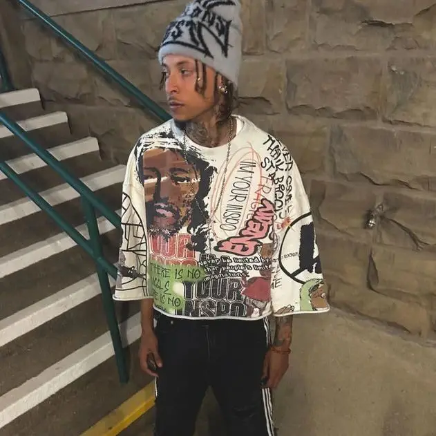 

Y2K Punk Hip Hop T-irt mid Long Sve for Men And Women Cleanfit Sle A-Line Sve Linen Material Other Material 00%