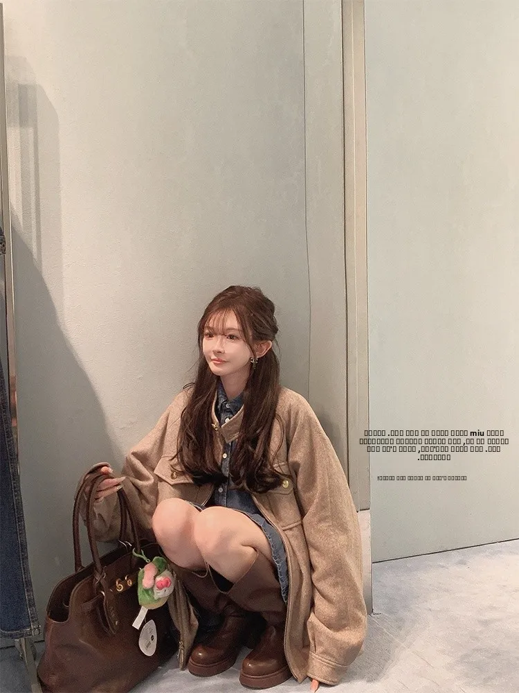 

Модный комплект из серии Miu: золотистый хлопковый костюм свободного кроя с длинными рукавами, устойчивый к пятнам, для девочек, в стиле Ele Architecture