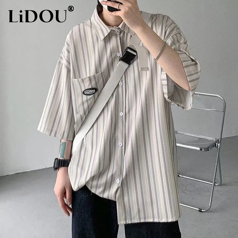 Summer Loose Casual Turn-down Collar Shirt Man Striped Single Breasted Pocket High Street Out Streetwear Male Temperament Tops