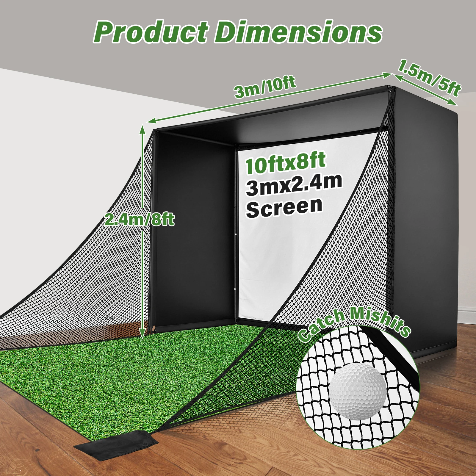 Golf Simulator Enclosure Nets 10x8 Ft, Golf Practice Hitting Cage with HD Impact Screen, Heavy Duty Frame, Side Barriers and Top Netting, Indoor Outdoor Driving Chipping Swing Training Equipment for Home Backyard Garage