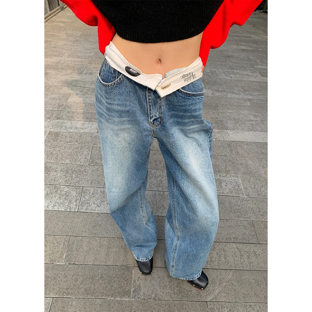 Denim pantalon droit femmes jambe large jean taille basse poches lavées 2025 Streetwear en détresse Vintage pantalon longueur de plancher