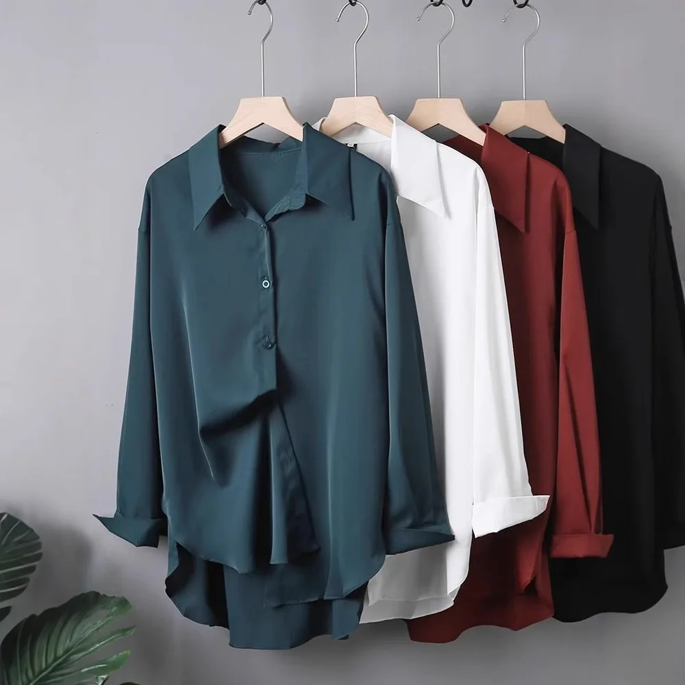 ربيع الخريف الشيفون قميص المرأة الجديدة طويلة الأكمام منتصف طول متعددة الأغراض قميص فضفاض كبير الحجم المرأة قاعدة