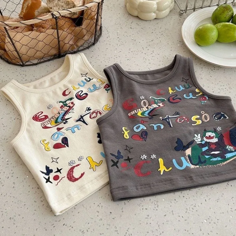 

1-4T Children's retro letters graffiti Vest Boys Girls Cartoon Sleeveless T Baby Japanese Pit Strip Stretch T-shirt Clothing