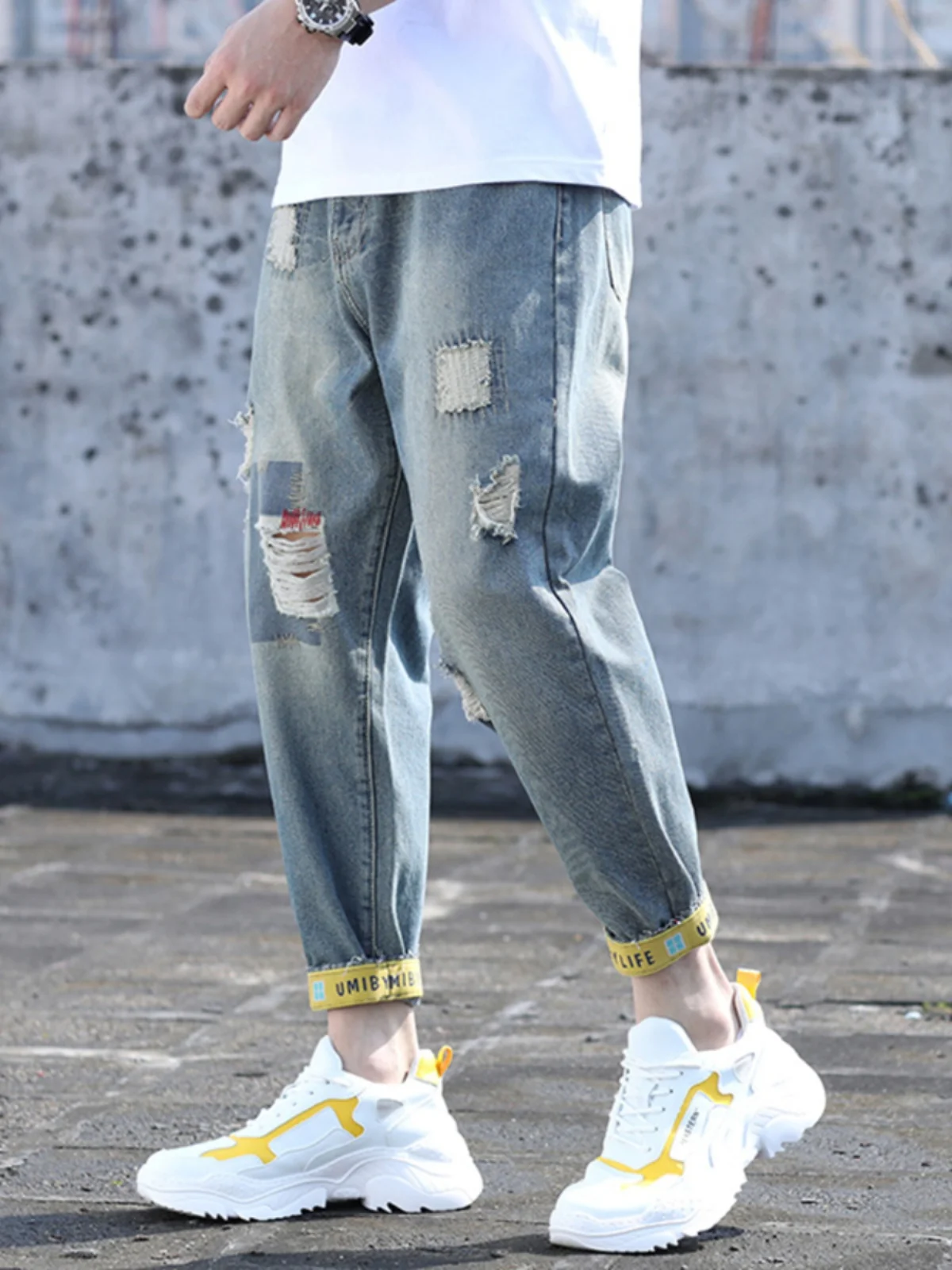 

Летние тонкие винтажные рваные джинсы для мужчин, модные брендовые брюки Haome Nine Points, облегающие повседневные брюки для молодежи