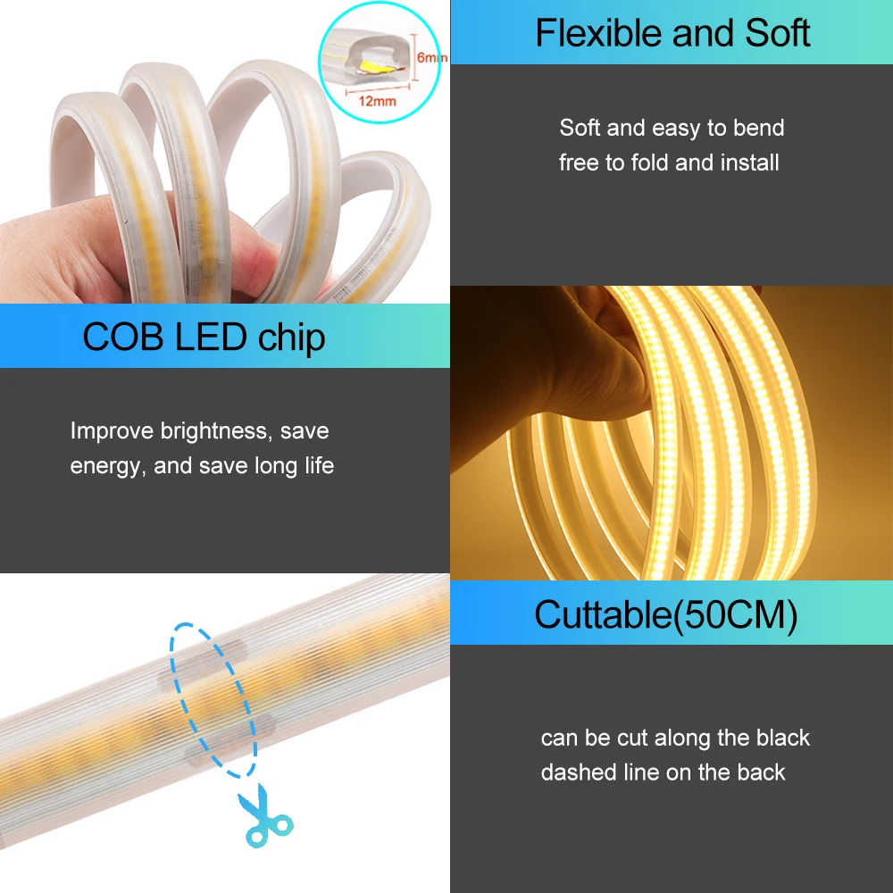 110V 220V Cob LED-Streifen Licht Wand Touch Fernbedienung hohe Helligkeit 120leds/m flexibles Band wasserdichte Innen-Außen lampe