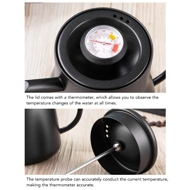 850ml Pour Over Coffee Kettle With Thermometer Stainless Steel Gooseneck Coffee Pot With Wood Handle