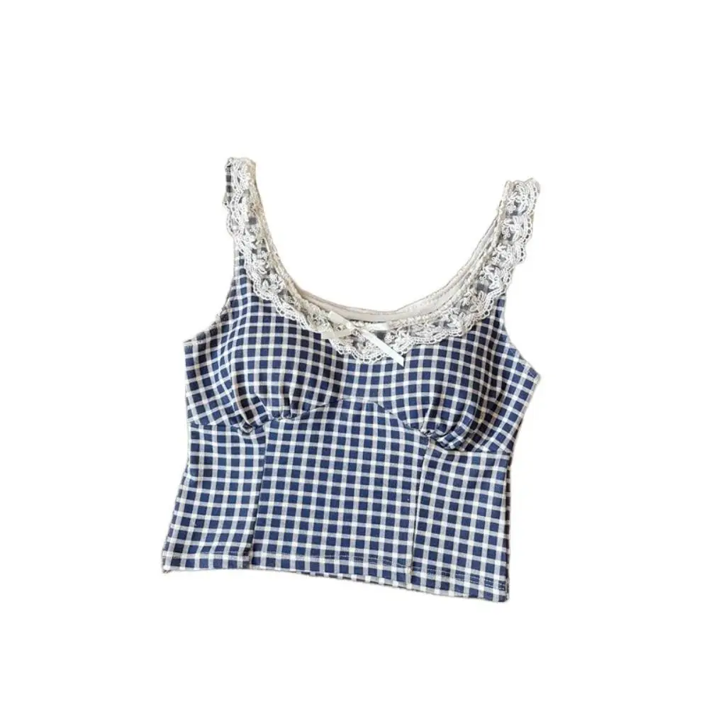 패션 스트라이프 그리드 Y2K 슬림 크롭탑 민소매 U넥 레이스 베스트 탑 소녀 스위트 이너웨어 레이스 리본 캐미솔 여성용