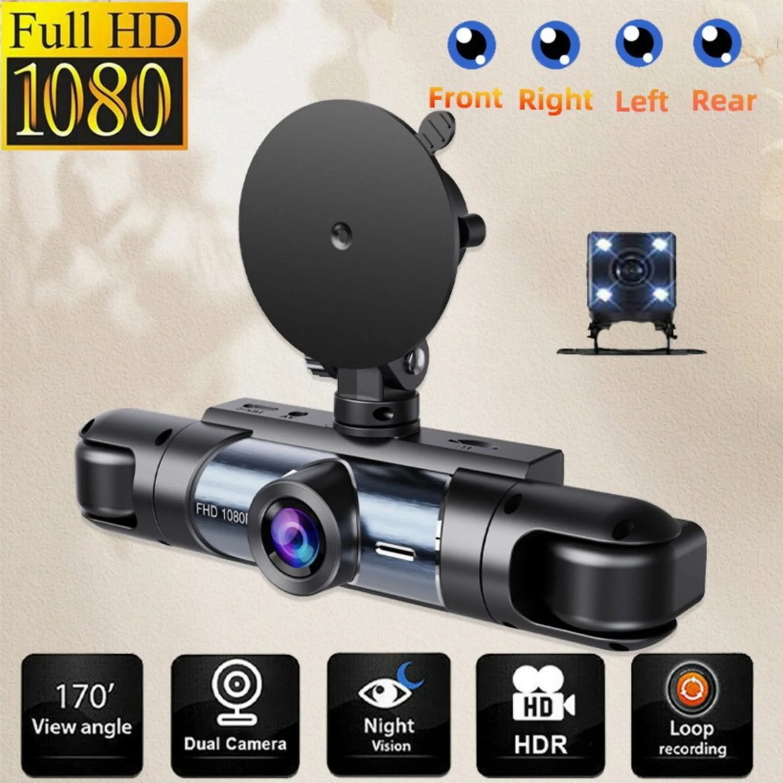 1 Sey Dash Cam Kit 4 Cameras For Cars Front Rear Inside Left Right Night Vision Loop Recording Dashcam Car 360° All-Round