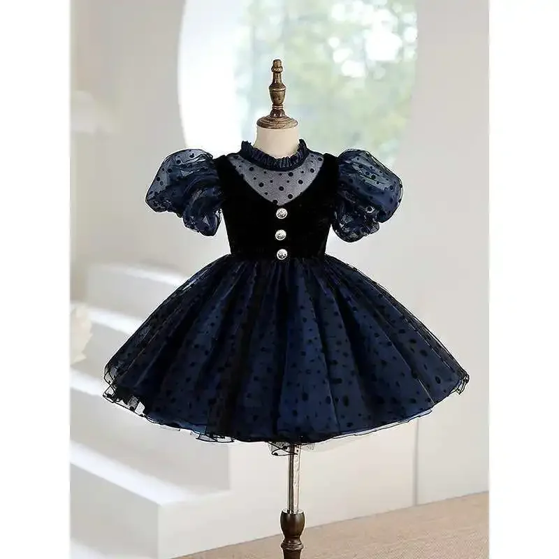 Children Black Vintage Stand Collar Kids Flower Girl Runway First Birthday Gown Velvet Girls Tutu Dress Puff Sleeve Patchwork