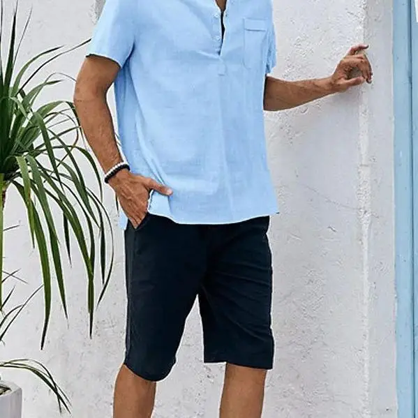 plus Size Men's Stand up Collar Short Swedish Shirt Comfortable Breathable Thin Material Easy Care Casual Pure Color Shirt view 3