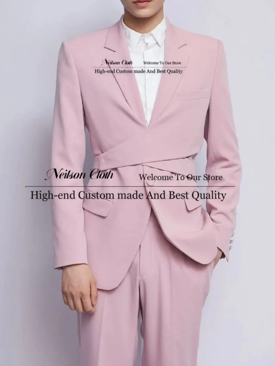 

Business Pink Male Prom Blazers 2 Pcs Sets Single Breasted Groom Wedding Tuxedos Slim Fit Customized Notched Lapel Costume Homme