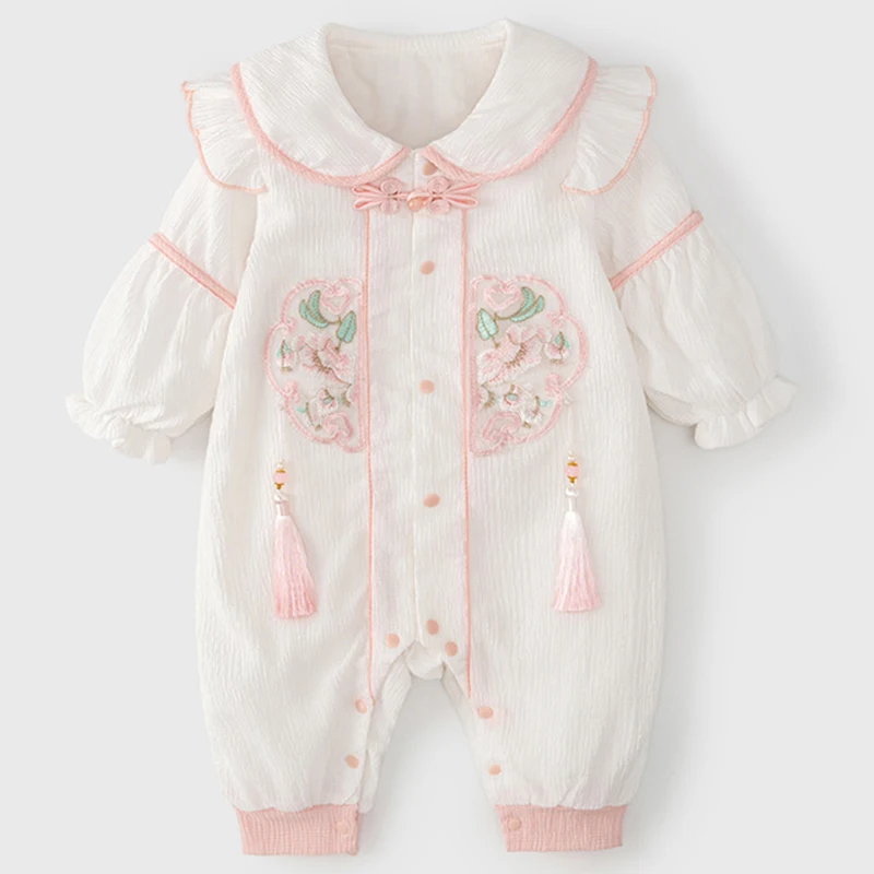 Spring Autumn Baby Girls Clothes Fashion Chinese Style Lapel Cute Cotton Long Sleeve Rompers Jumpsuits Newborn Photography BC535