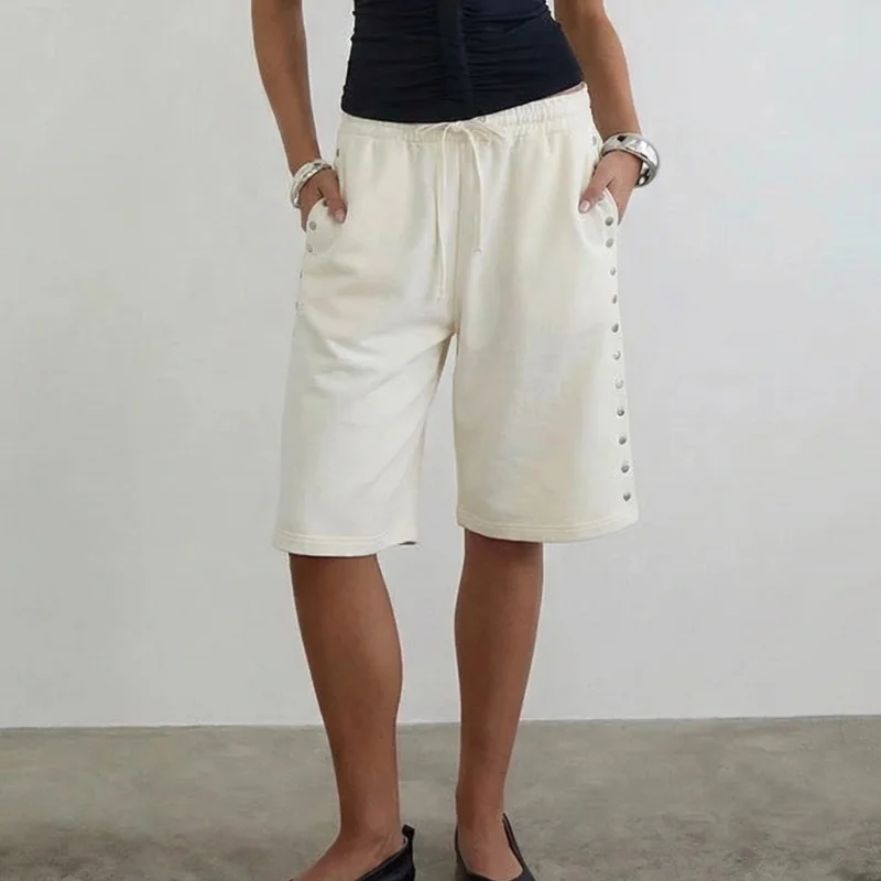 Women Y2k Baggy Sweat Shorts Studded Gym Knee Length Capri Shorts Elastic Waist Drawstring Loose basketball Short Pants
