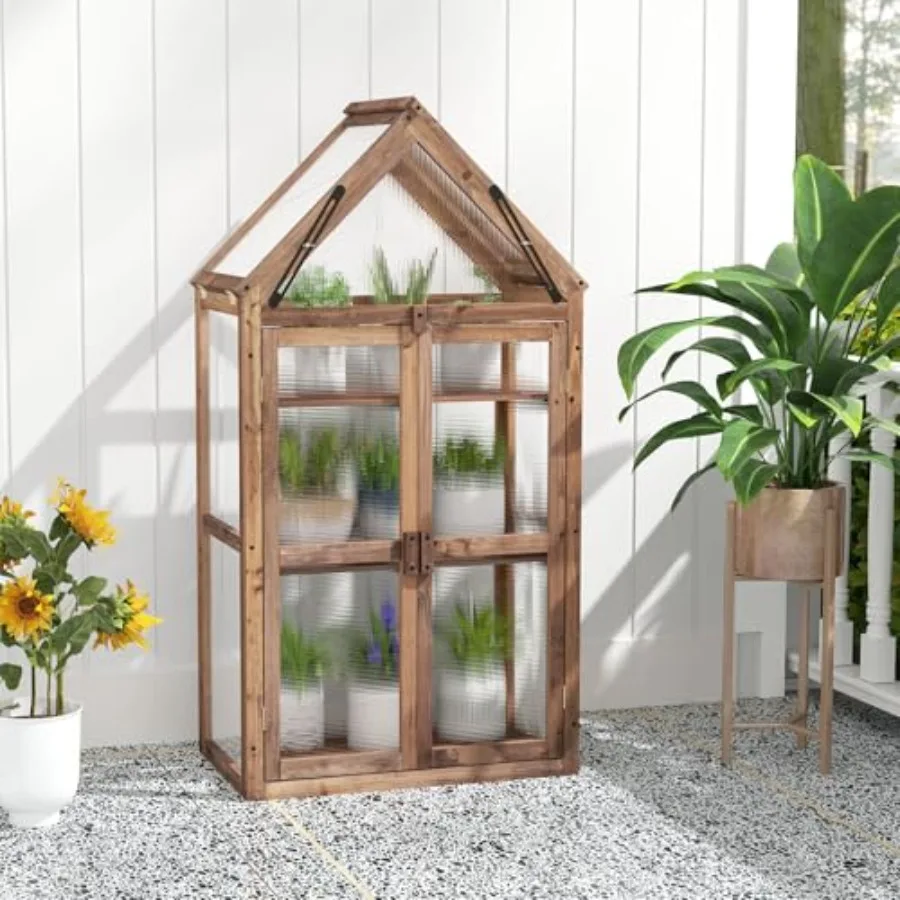 Cold Frame, Mini Wooden Green House w/Transparent Openable Roof