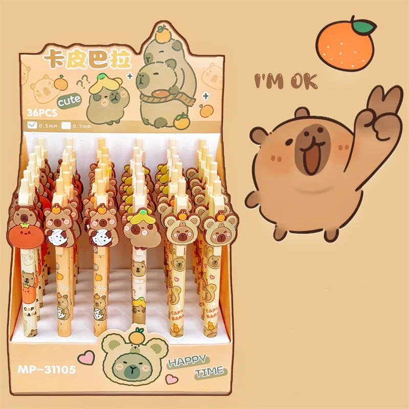 capivara lapis mecanico kawaii caneta automatica caneta desenhos animados bonitos material escolar e de escritorio desenho e escrita 05 mm 36 pecas lote 01