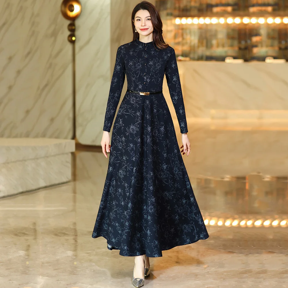 

New Women Navy Blue Print Dress Spring Autumn Fashion Small Stand Collar Long Sleeve Slim Floral Dress Elegant Gentle Dress