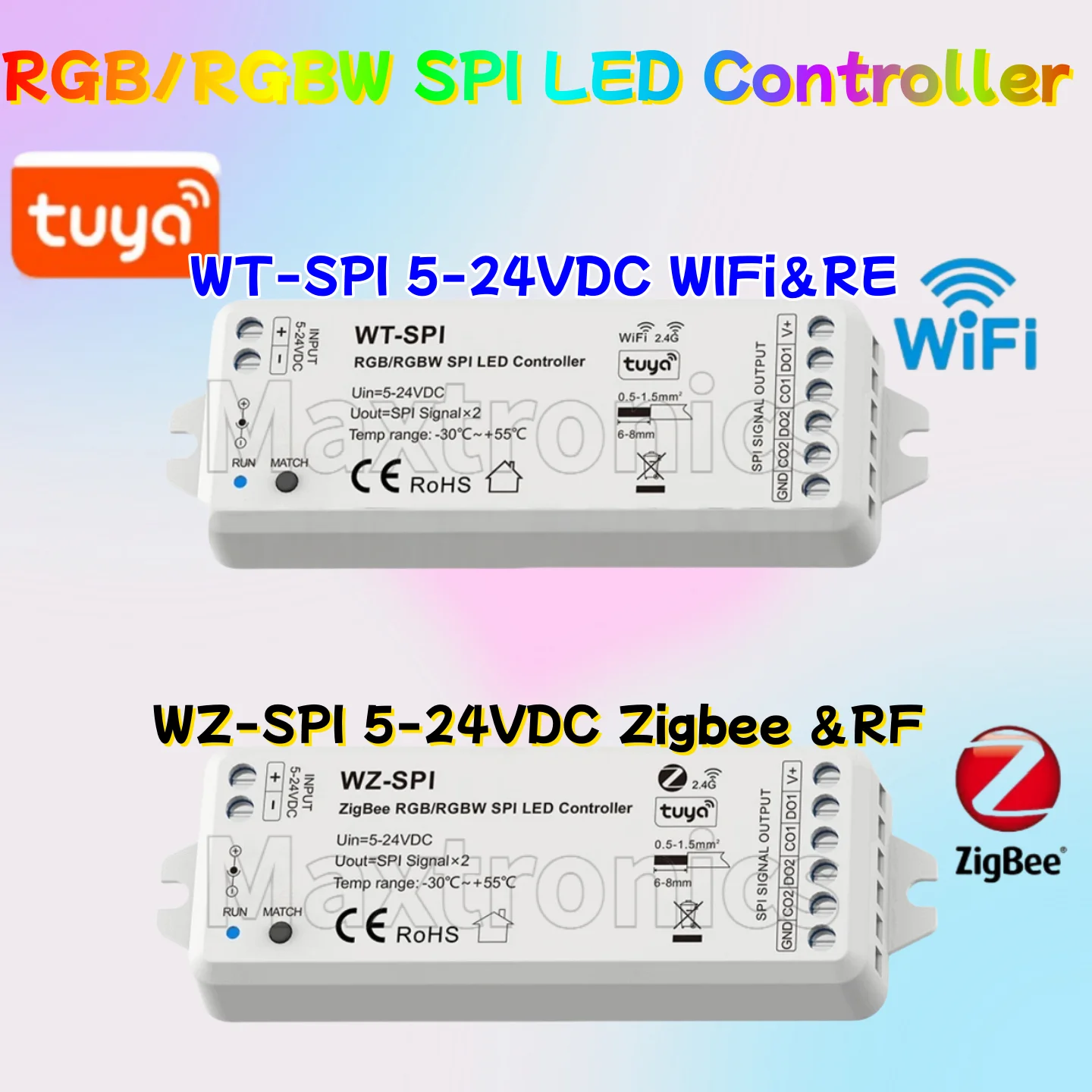 

WT-SPI/WZ-SPI Tuya WiFi Zigbee+RF SPI LED Controller DC5V-24V WS2811 Ws2812 Ws2815 SK6812 RGB/RGBW LED Strip Pixel Modules Light