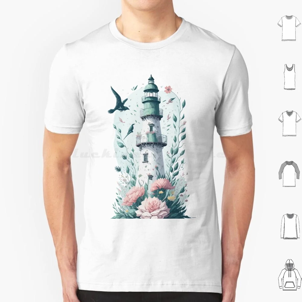 Vintage Lighthouse And Fantasy Flowers T Shirt Cotton Men Women DIY Print Vintage Lighthouse Fantasy Flowers Clipart Whimsical