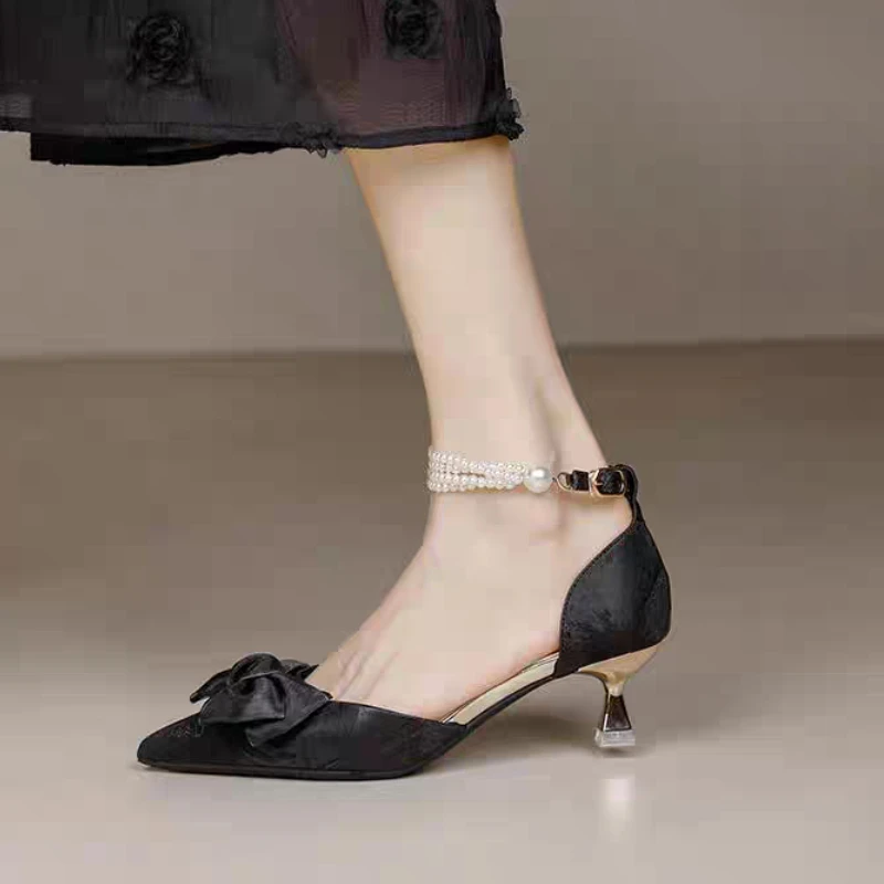 

Новинка 2023 года, летние туфли подружки невесты с острым носком, темпераментные туфли на высоком каблуке с милым бантом и бантом, сандалии-лодочки