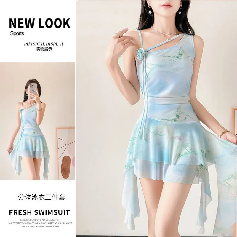 Conservative Tie Dye Beautiful Swimsuit Young Women One-piece Flat Corner Skirt Flat Corner Slim Vacation Swimsuit beach clothes