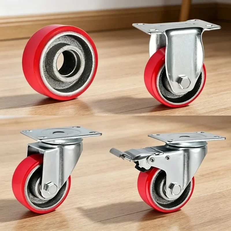 1 Pc 2.5‘’/3‘’  Iron Core Polyurethane Casters Mechanical Equipment PU Universal Wheels Medium Silent Red Load 130KG
