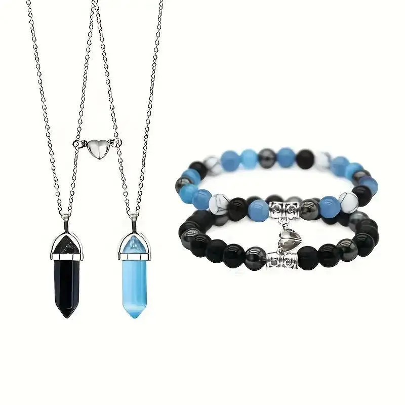 Ensemble de bijoux 4 pièces : Bracelet d'attraction magnétique pour couple en pierre naturelle bleue et noire et collier à colonne hexagonale