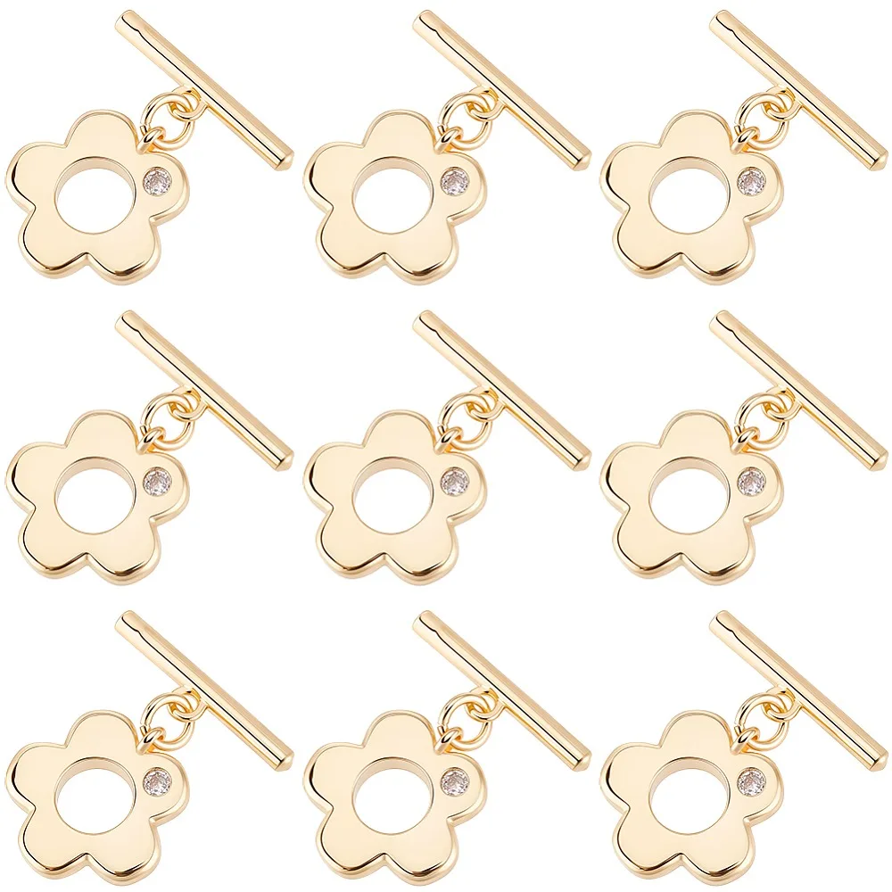 

10Pcs Brass Micro Pave Clear Cubic Zirconia Toggle Clasps Cadmium Free Nickel Free Lead Free Flower Real 18K Gold Plated