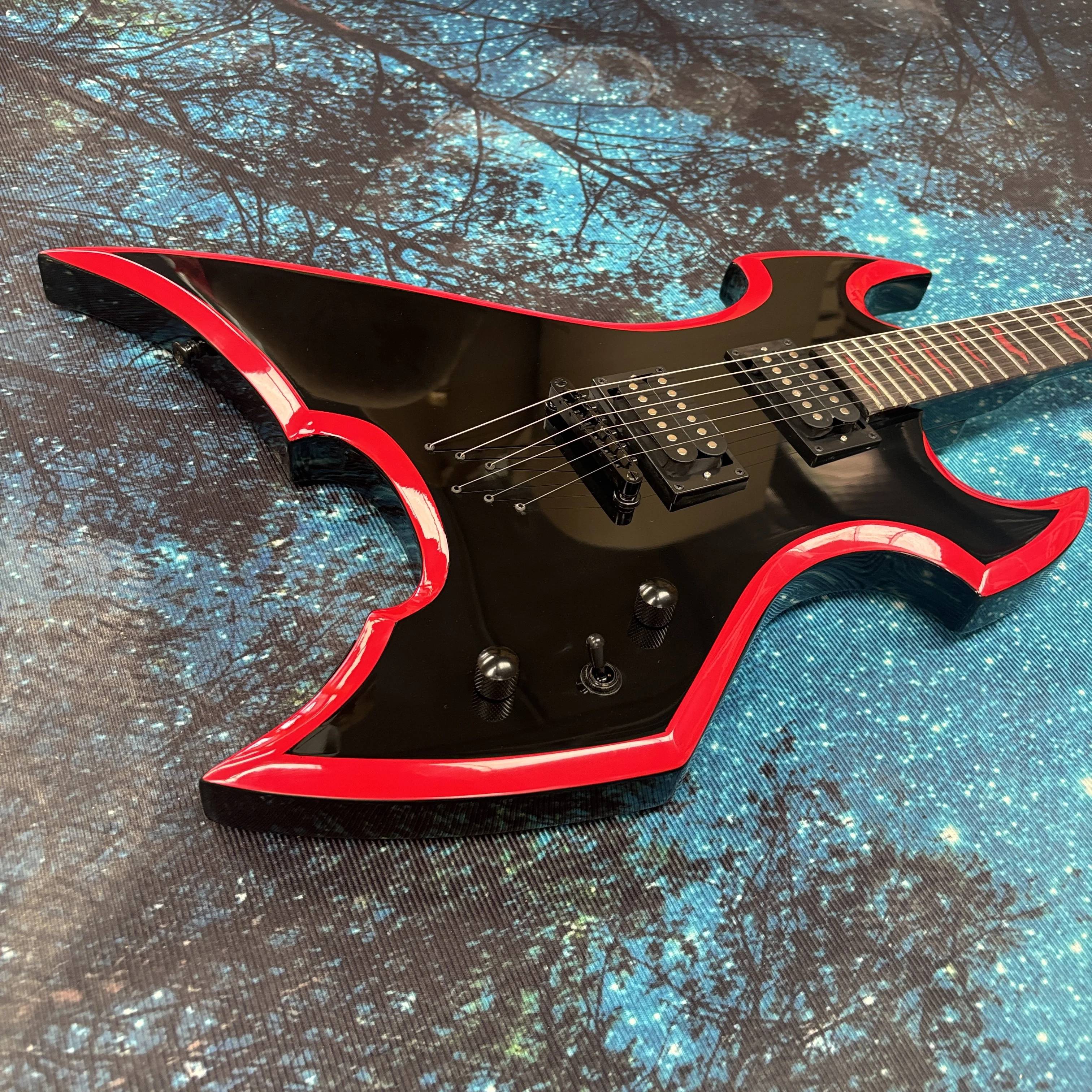 Red-bound electric guitar, rosewood fingerboard guitar with red bat/claw inlay guitars, through-neck electric guitarra view 4