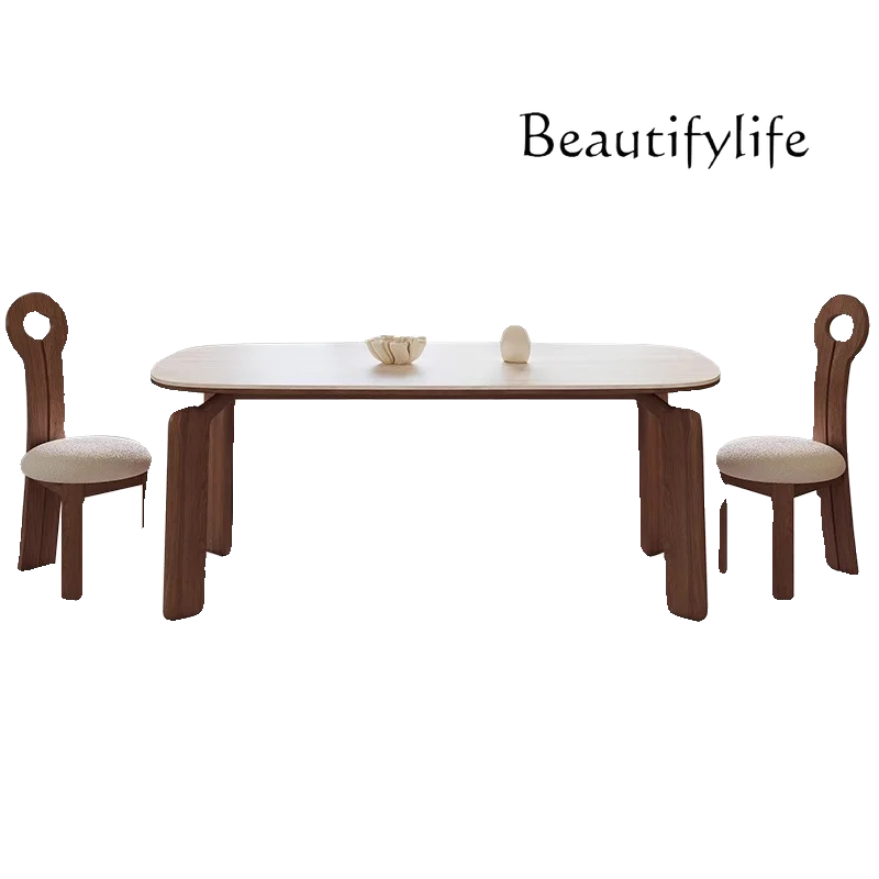 French retro solid wood dining table light luxury modern small apartment household rectangular rock slab dining table